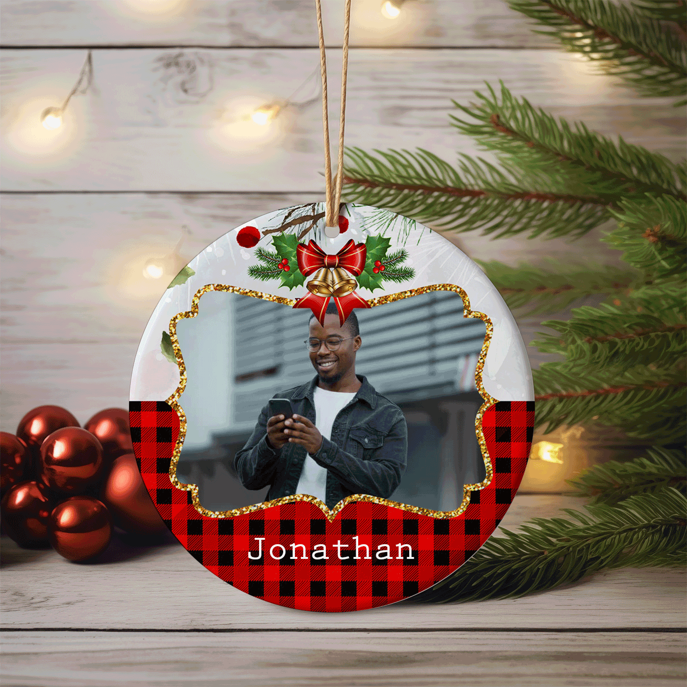 Festive Christmas with Bells and Buffalo Plaid | Classic Holiday Decor | Ceramic Ornament